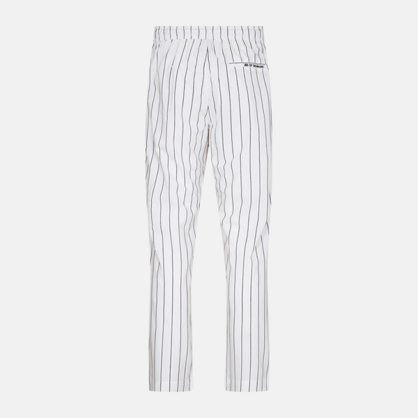 White bamboo pajama pants with narrow gray stripes