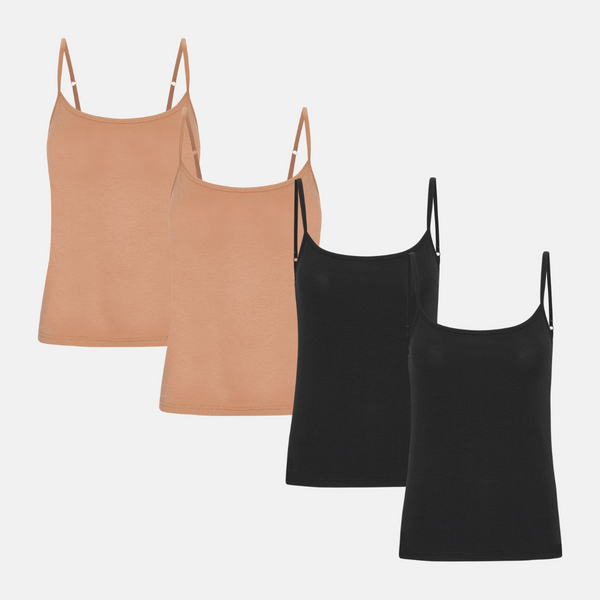 4 pack bamboo tops with thin straps black/tan
