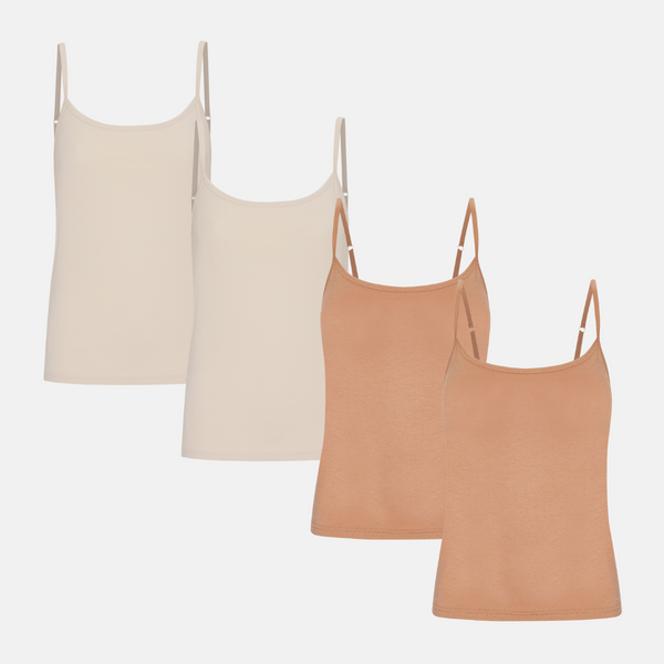 4 pack bamboo tops with thin straps tan/cream