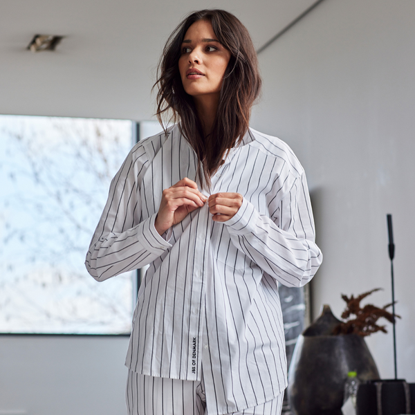 White bamboo shirt with narrow gray stripes