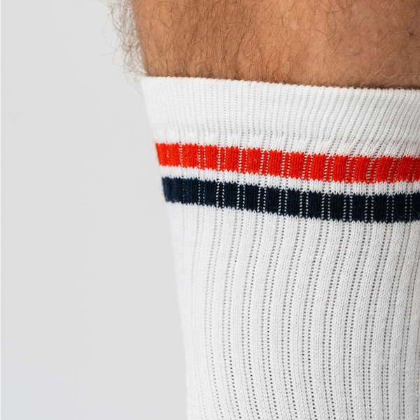 3 pairs of white bamboo tennis socks with red/blue stripes