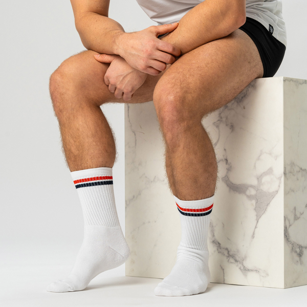 3 pairs of white bamboo tennis socks with red/blue stripes