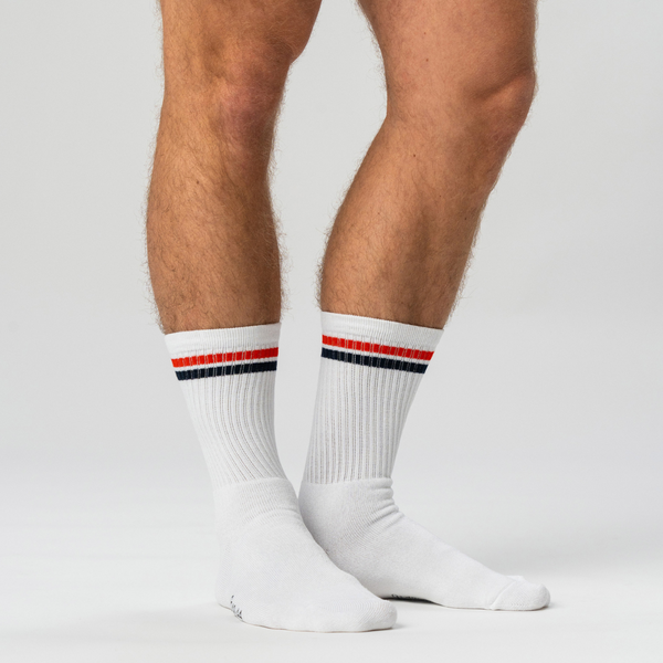3 pairs of white bamboo tennis socks with red/blue stripes