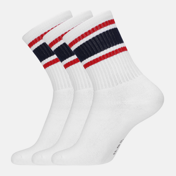 3 pairs of white bamboo tennis socks with blue/red stripes and long rib